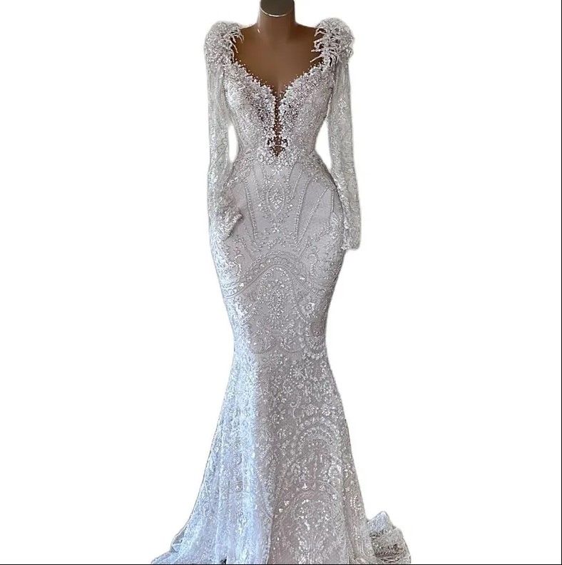 Sparkly 3D Flowers Wedding Dress Sexy V Neck Long Sleeve Beads Lace Bridal Gowns Romantic Bride Dress Robe De Mariee 1107