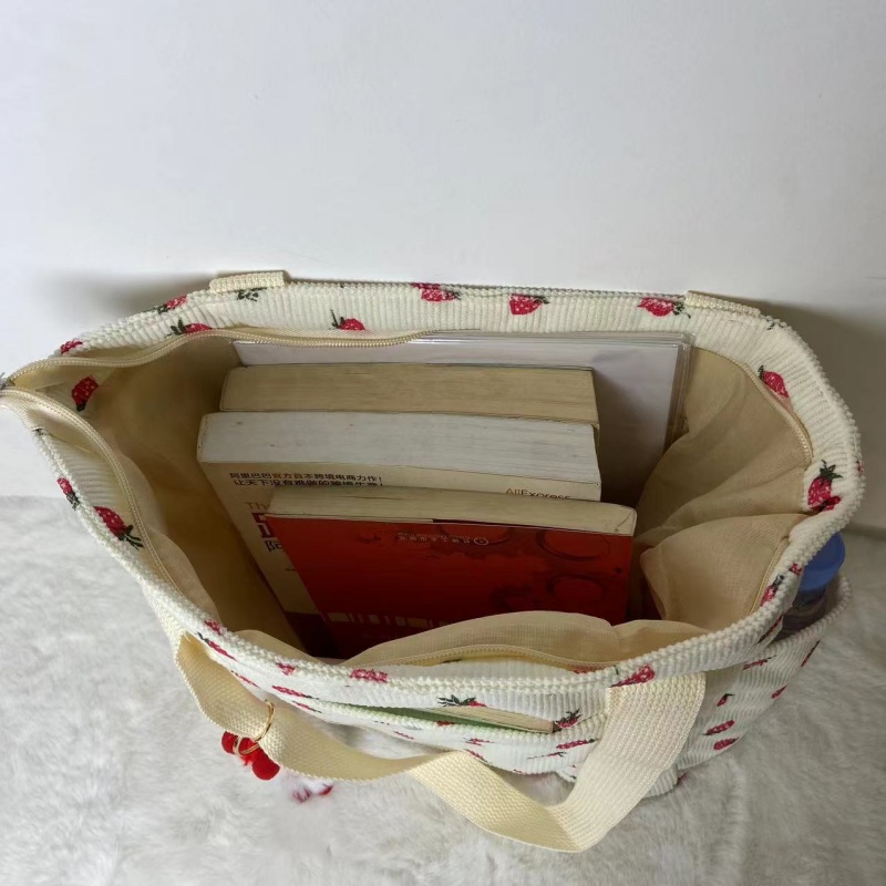 Beautiful Corduroy Strawberry Shoulder Bag Sweet Fresh Versatile Handbag with Academy Style Large Capacity Classroom Tote Bag
