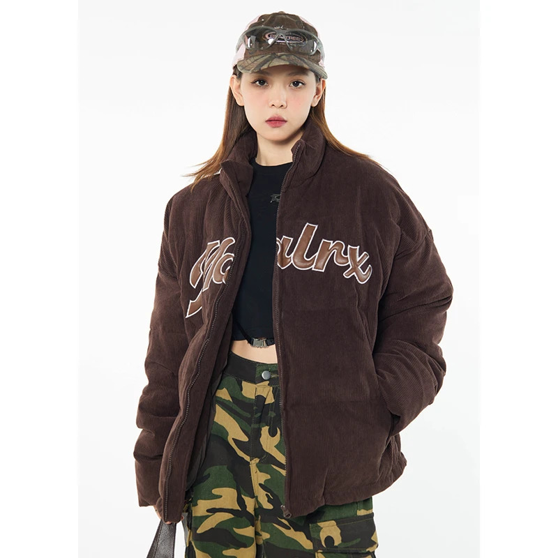 Womens brown down jacket Corduroy letter jacket American fashion thick warm feather down jacket womens inflatable winter jacket 241107