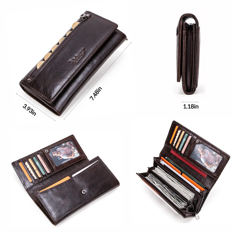 CONTACT'S Genuine Leather Men Long Wallets with Zipper Coin Purse Large Capacity Male Clutch Wallet for iPhone Passport Cartera