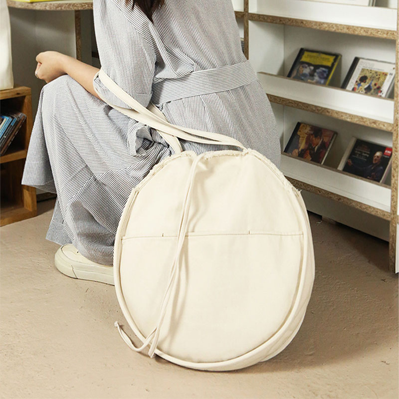 Hylhexyr Women's Round Shoulder Bag Letter Canvas Bags Simple Large Capacity Portable Casual Handbag Tie Rope