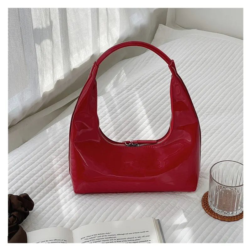 Personality Retro Bright Small Scallop Lacquered Handbag New Style Armpit Crescent Red Black Shoulder Underarm Bag