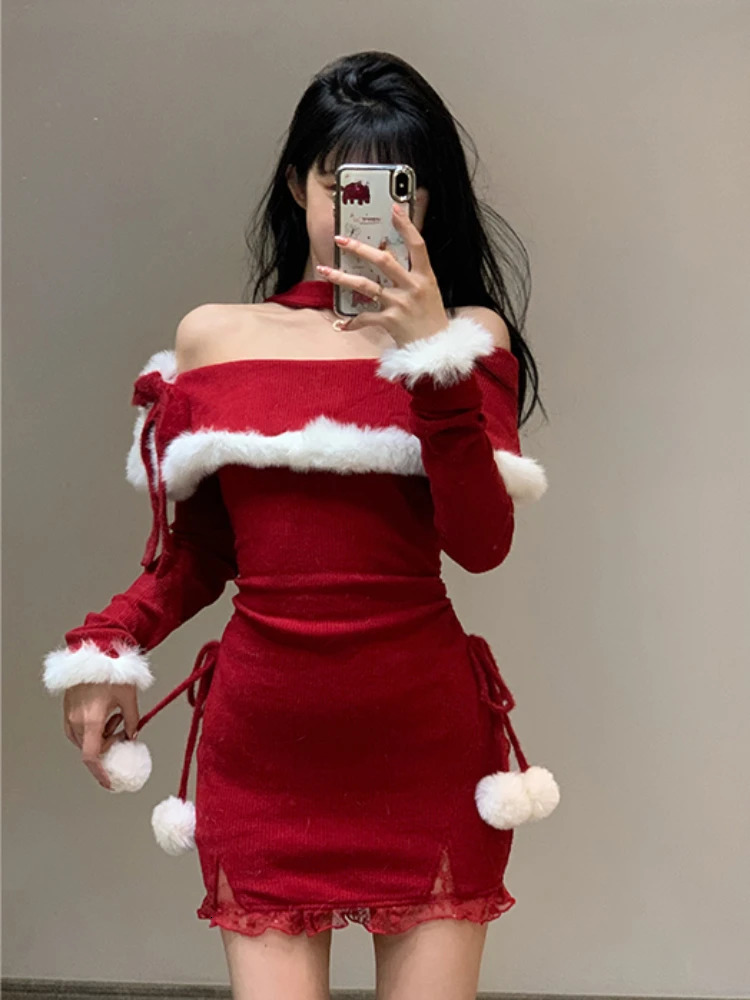Winter Christmas Bodycon Knitted Mini Dress Womens Casual Long Sleeve Sweet and Elegant Party One Piece Dress Korean Fur 241106
