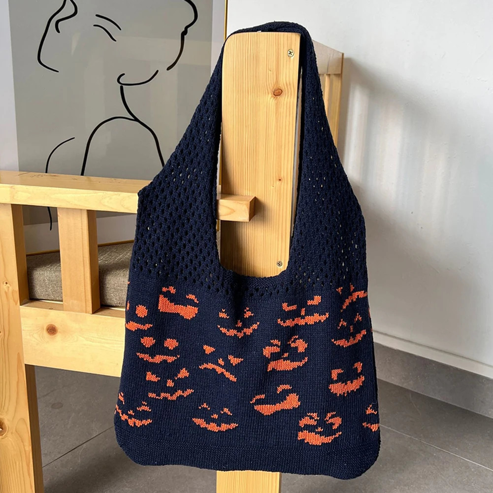 Knitted shoulder bag mesh bag womens underwear bag Halloween and Christmas crochet pumpkin 241106