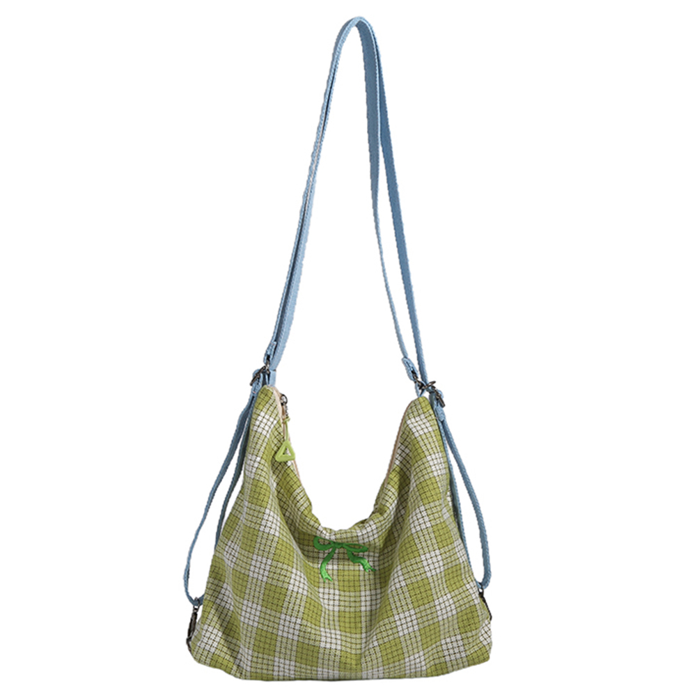 Women Plaid Shoulder Bag Bow Pattern Canvas Fashion Tote Handbag Adjustable Strap Plaid Pattern Backpack Female Outdoor Backpack