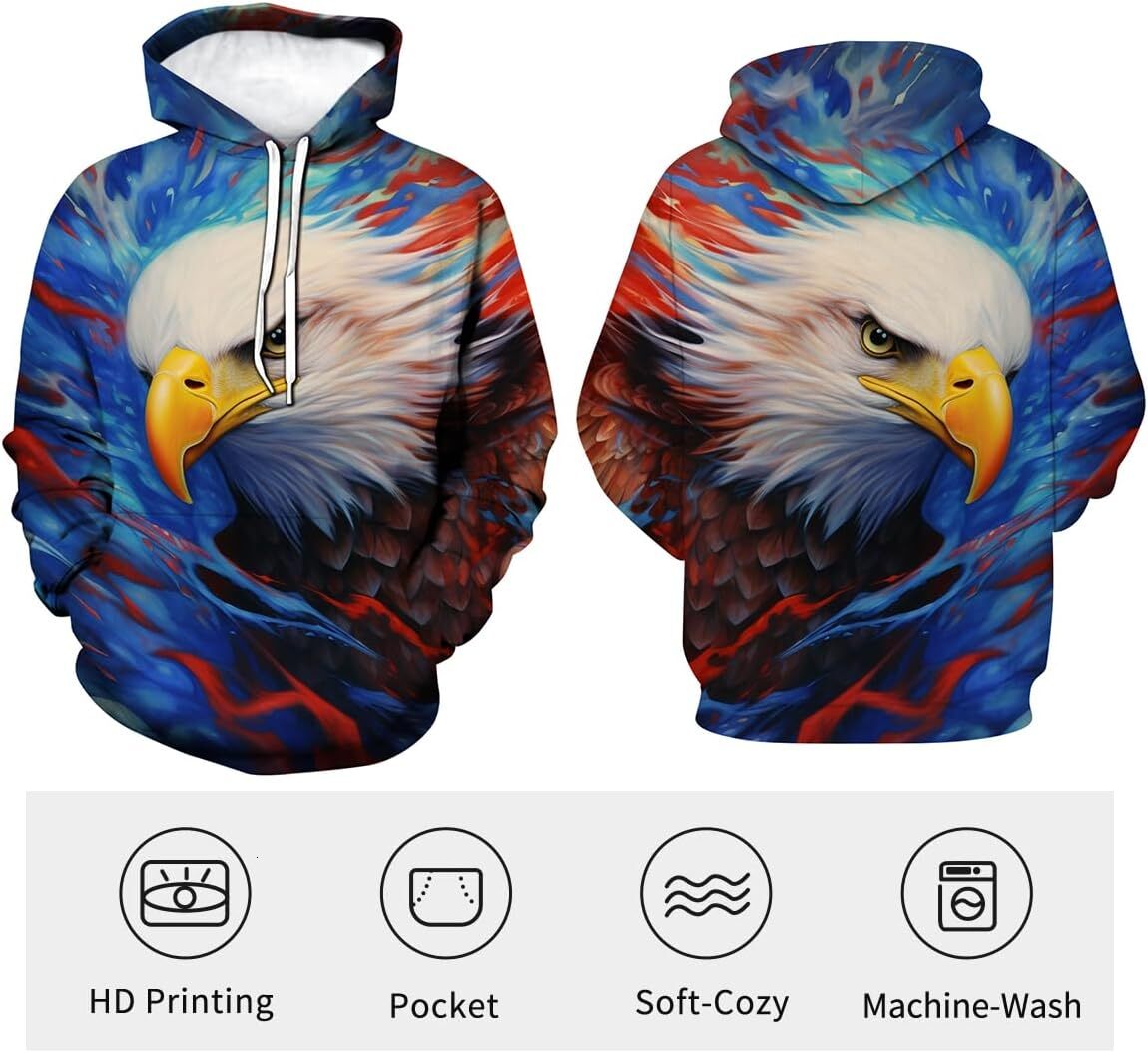 Hoodie for Mens Womens Mens 3D Eagle Print Hoodie - Patriotic Theme, Animal Graphic Sweatshirt Graphic Cool eagle pattern