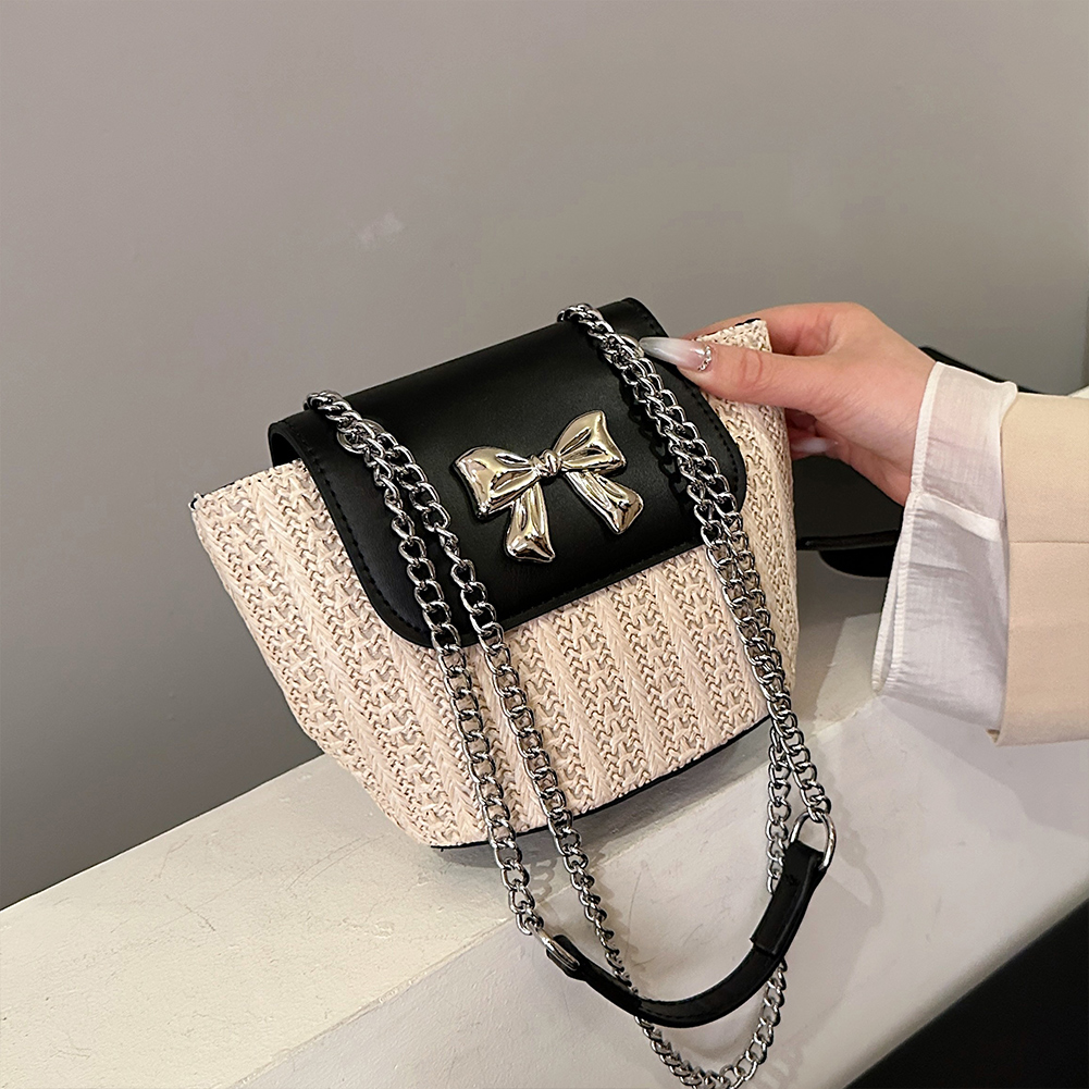Woven Bow Chain Crossbody Bag Boho-chic Handbag Crochet Straw Shoulder Bag Summer Beach Bag Women Makeup Bag Travel Bag