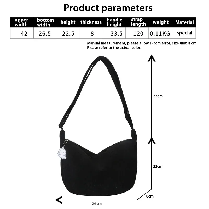 Corduroy Crossbody Bags for Women Ladies Large Capacity Shoulder Bag Fashion Purse and Handbags Solid Color Women Messenger Bag