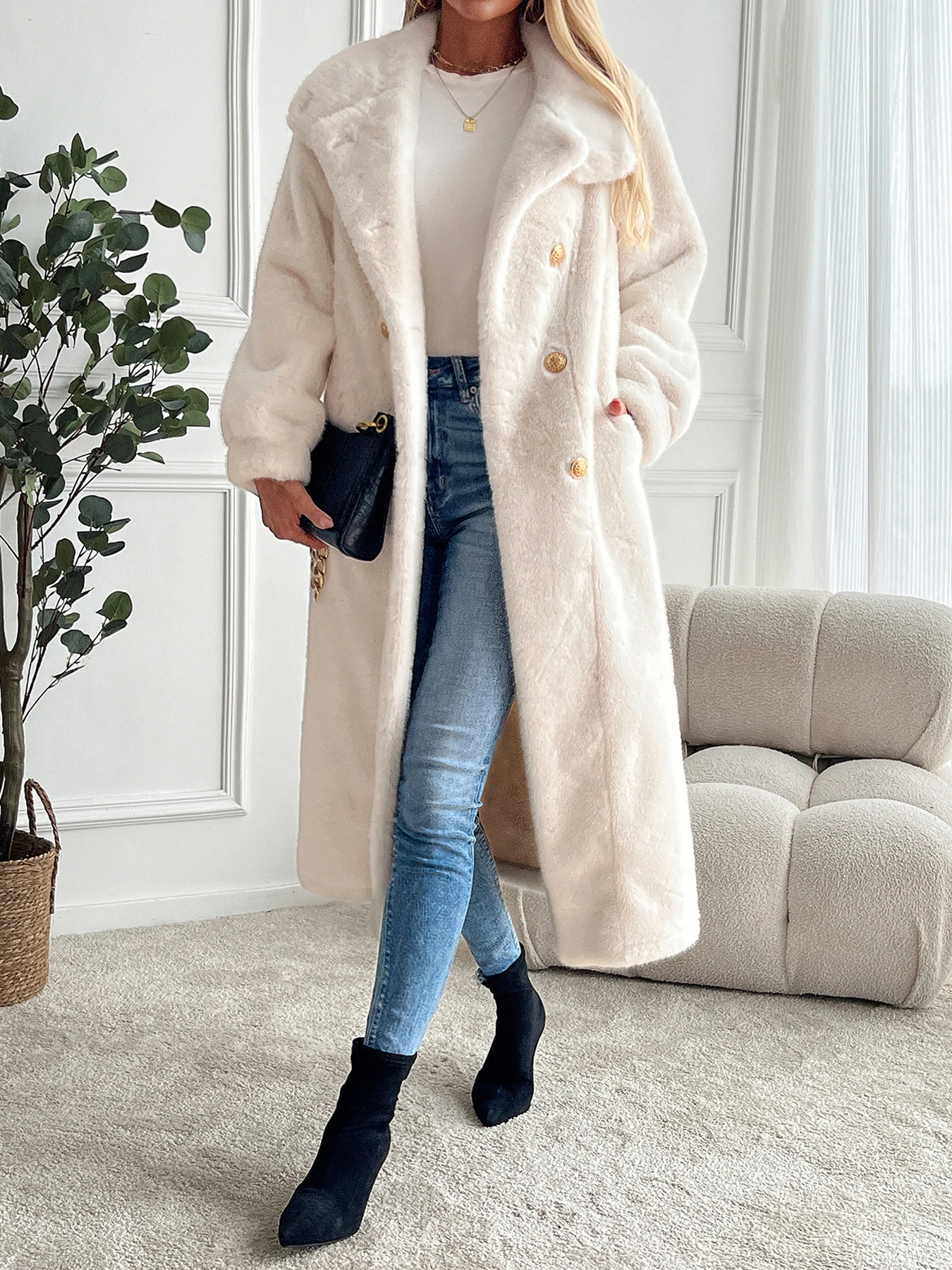 Artificial fur coat long coat womens lapel double-layer loose warm high-end atmospheric coat jacket for autumn and winter 24 241107