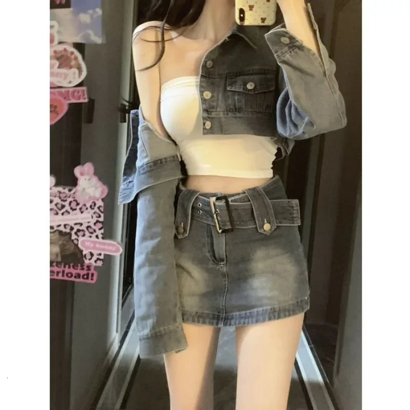 Plus Size Vintage Style American Denim Jacket High-waisted Skirt Set For Women Cropped Top Bottoms Sensibility 241107