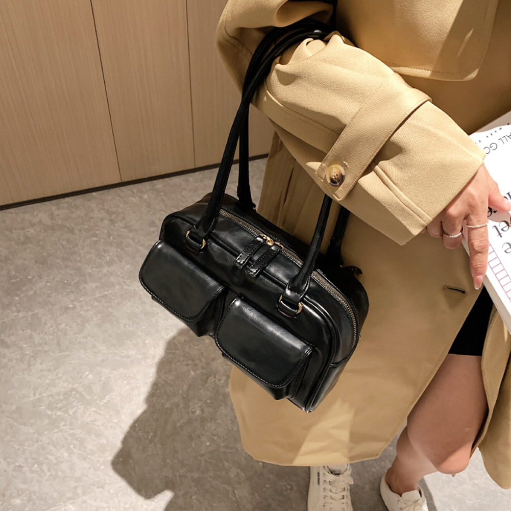 Retro Underarm Bag Double Pocket PU Leather Shopping Bag Fashion Solid Designer Armpit Bag Casual Zipper Portable Ladies Purses