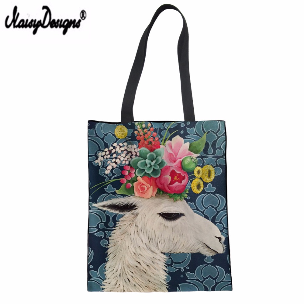 NOISYDESIGNS Canvas Handbag Women Cute Cartoon Alpaca Pattern Print Girls Shopper Bags Summer Beach Bag Female Shopping Handbag