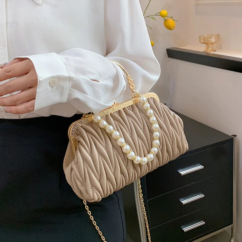 Fashion womens orange green shoulder bag promotion clutch pearl chain cross body bag womens fashion handbag Pu leather handbag and wallet 241107