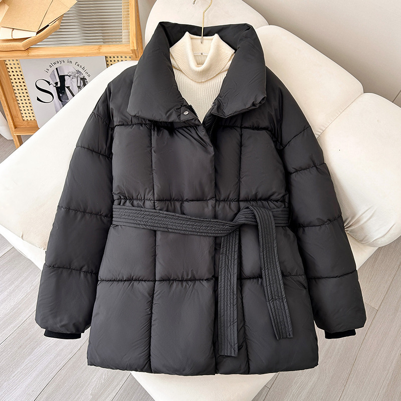 Women's Down Parkas Fandy Lokar Winter Stand Collar Parkas Women Fashion Tie Waist Short Coats Women Elegant Solid Puffer Jackets Female Ladies 2