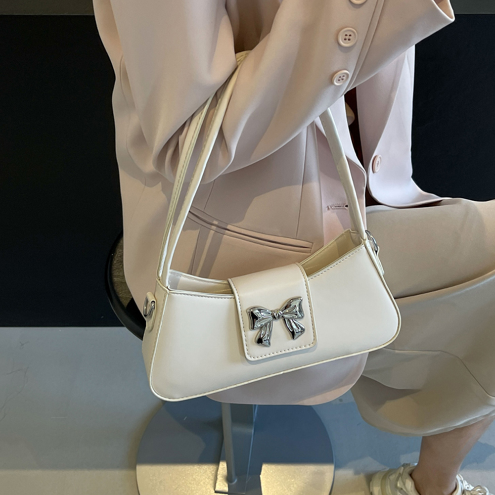Women Small Commuting Bag Large Capacity PU Bow Underarm Bag Simple Armpit Bag Solid Color Adjustable Strap for Outdoor Travel