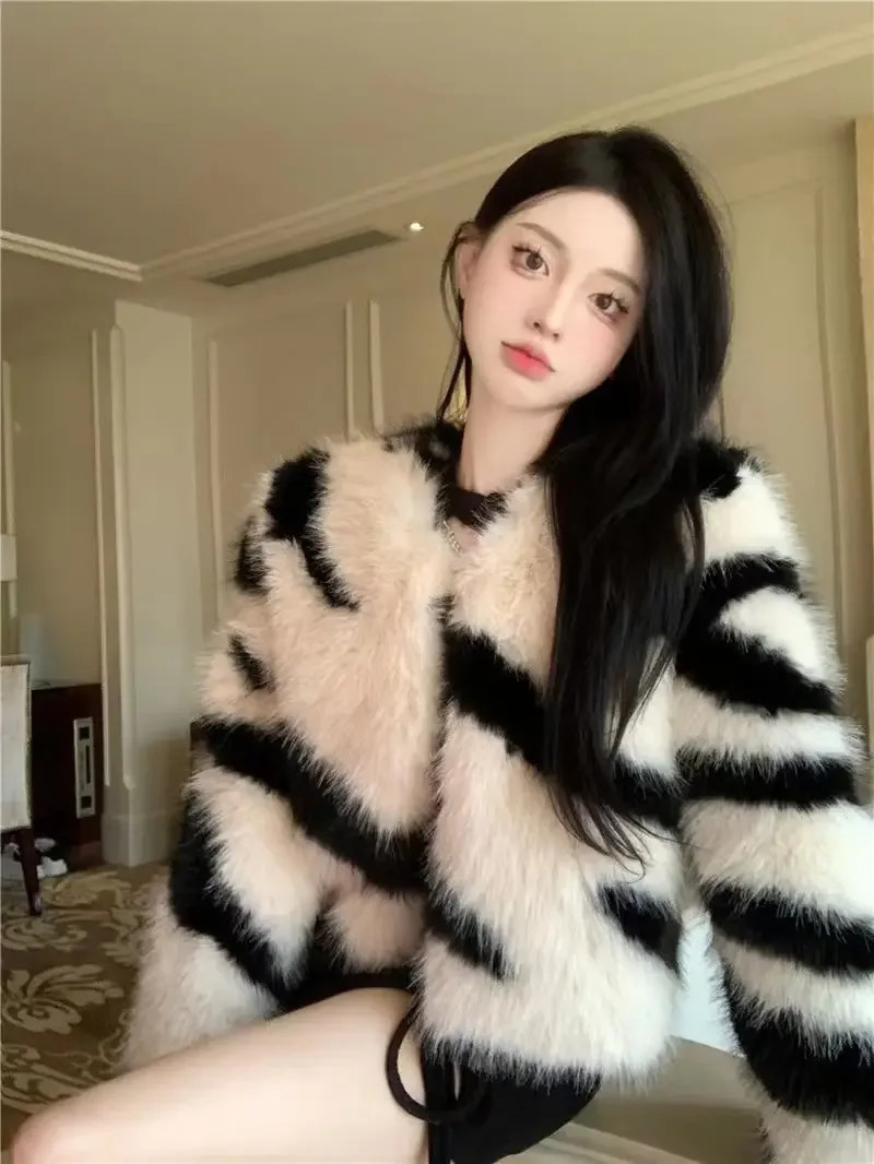 Korean fashion faux mink coat womens winter clothing Socialite style high-end warm casual zebra short fur jacket womens top 241107