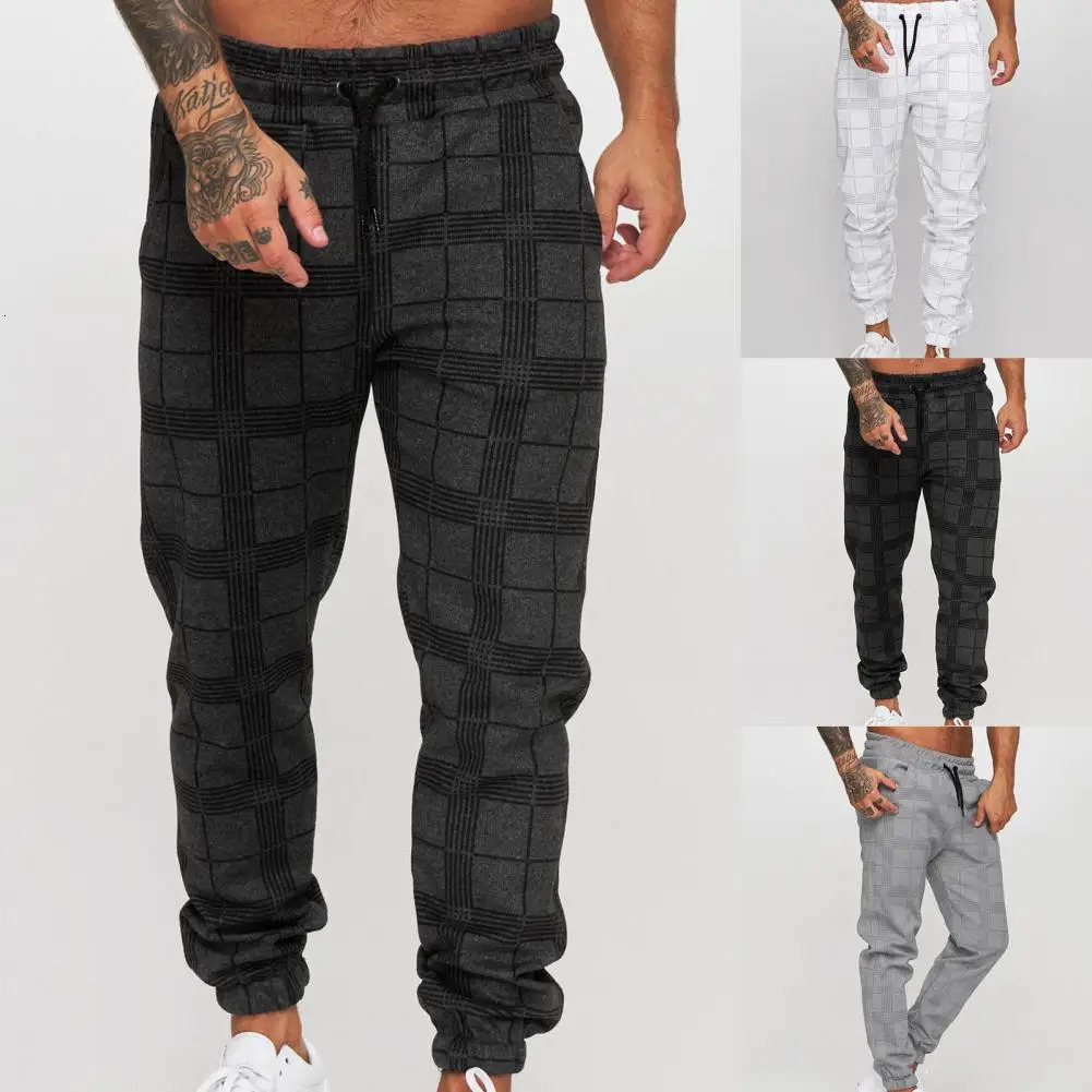 Pockets Great Mid Waist Anklebanded Sweatpants Leisure Men Plaid for Daily Wear 241104