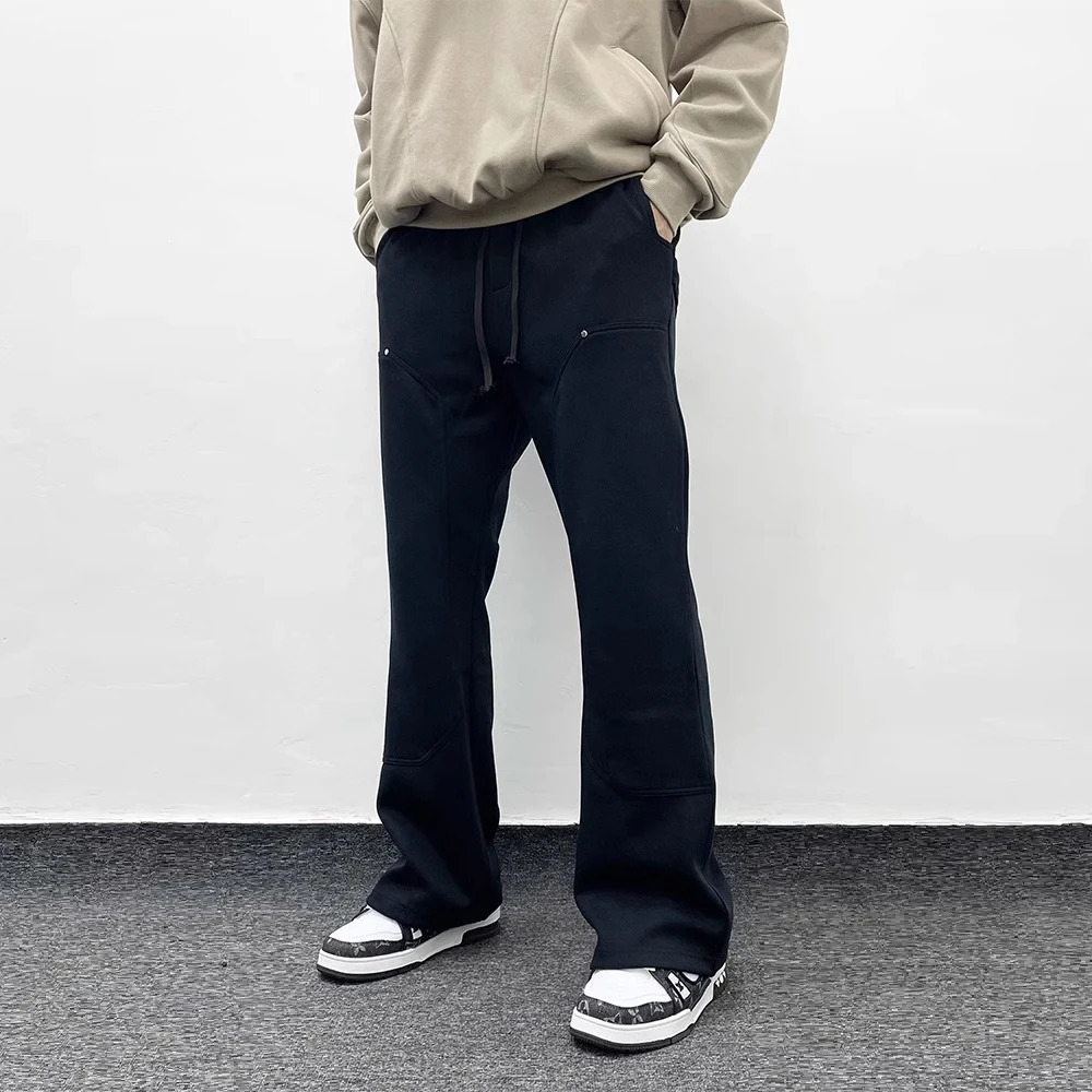 American Streetwear Gray Flared Sweatpant Men Double Knee Patch Micro Flare Overalls Harajuku Casual Patchwork Sweat Pants Black 241104