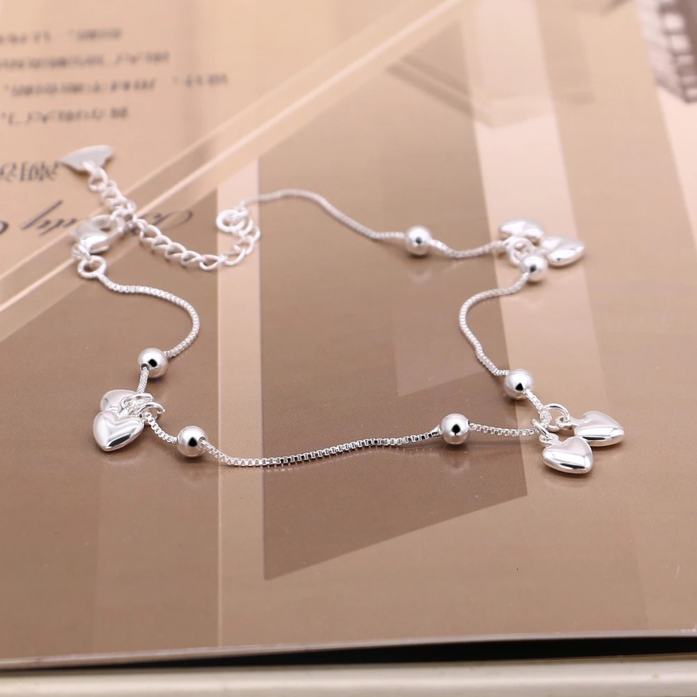 100% 925 sterling silver heart-shaped anklet pendant bead anklet summer beach anklet bracelet 241107