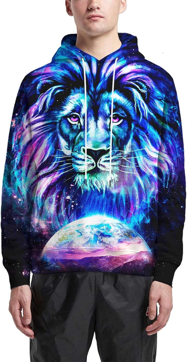 Hoodie for Mens Womens Mens Hoodies Graphic Sweatshirts Animal Hooded Pullover 3d Adult Unisex Galaxy Hoody Sweaters Women Cool Design Cool blue lion 
