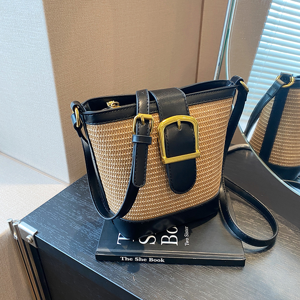 Straw Crossbody Bags for Women Raffia Woven Shoulder Bag PU Leather Straw Bucket Bag Rattan Handbag Purses Summer Beach Bag