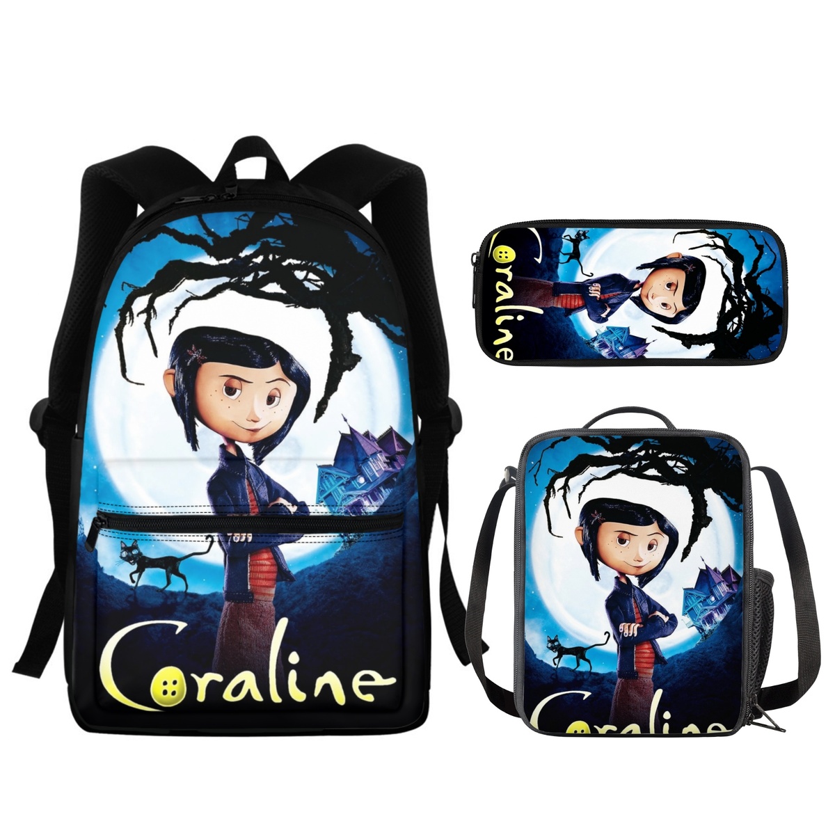 New Arrivals Coraline Fluffy Schoolbags Student 3Pcs/Set Pencil Case Handy Meal Bags Fashion Girls Backpacks Lightweight Escolar