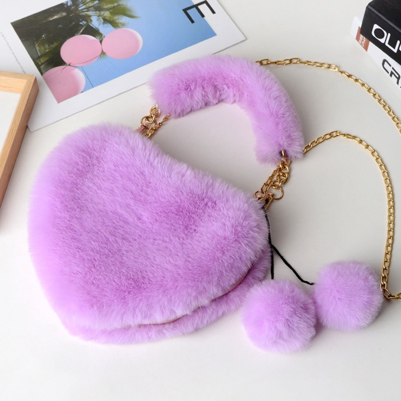 Luxury Faux Fur Heart-shaped Women Small Handbags Fluffy Plush Ladies Chain Shoulder Bag Fashion Female Furry Daily Clutch Purse