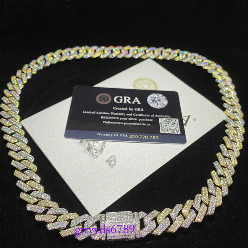 14mm Two Tone Vvs Necklace Sterg Sier Hip Hop Jewelry Moissanite Dia Cuban k Chain