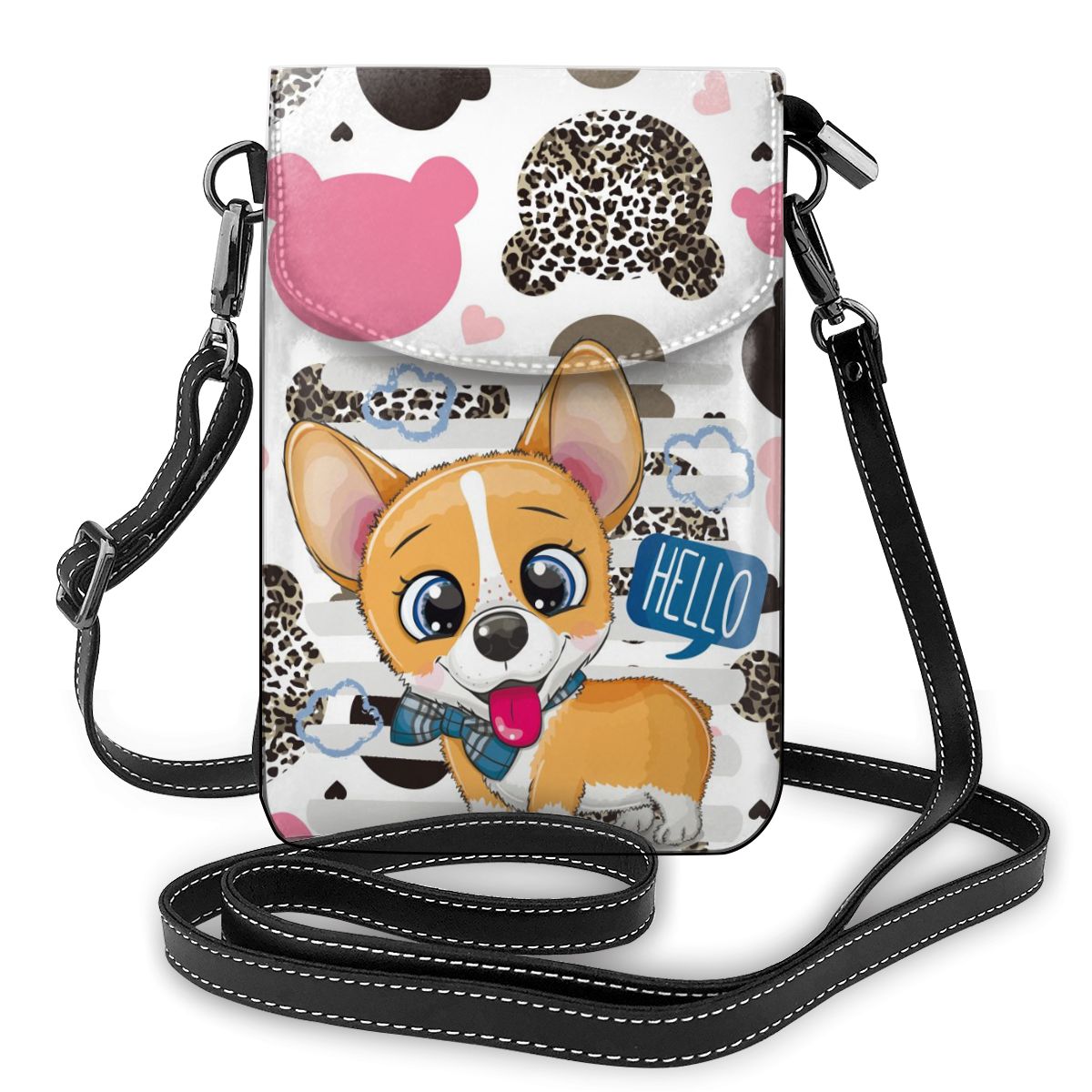 Cartoon Corgi Print Women Purses PU Leather Shoulder Strap Bag Mobile Phone Pockets Card Holders Wallet Handbag for Girls