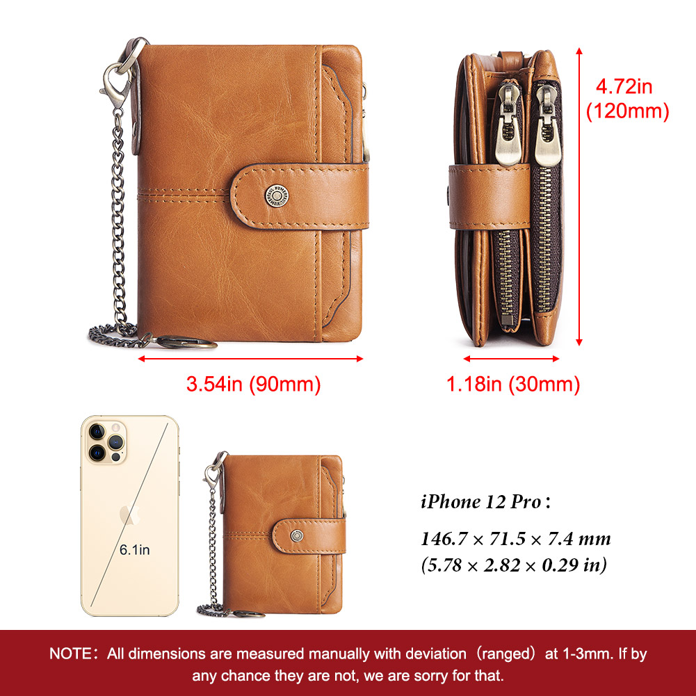 Short Genuine Leather Women Wallet Classical Purse RFID Blocking Card Holder Zipper Coin Pocket For Men With Anti-theft Chain