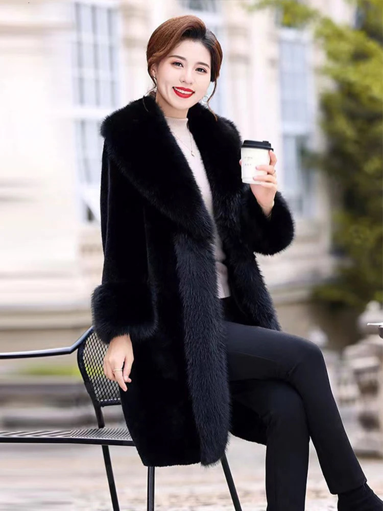 Artificial fur coat womens winter fluffy jacket fox fur collar fashionable artificial mink fur plush medium long coat elegant fur coat 241107