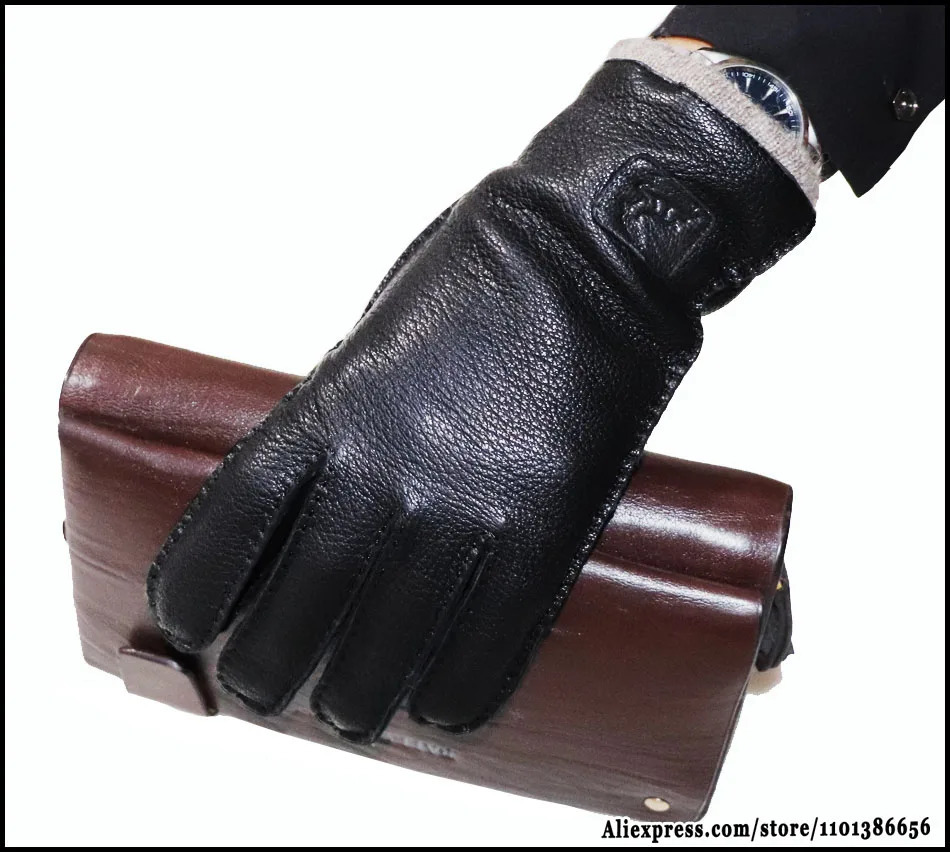 Mens and Womens Premium Leather Gloves Deer Texture Sheepskin Winter Warm Driving Wool Knitted Lining 241106