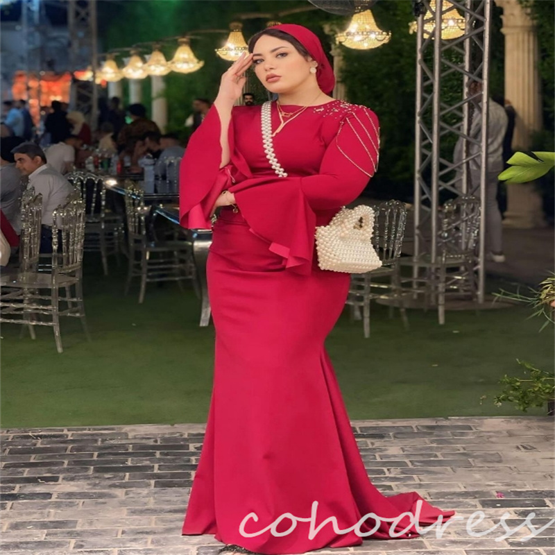 Beautiful Red Arabic Evening Dresses With Beaded Plus Size Mermaid Prom Dress High Neck Long Sleeve Satin Engament Dress Special Occasion Birthday Par