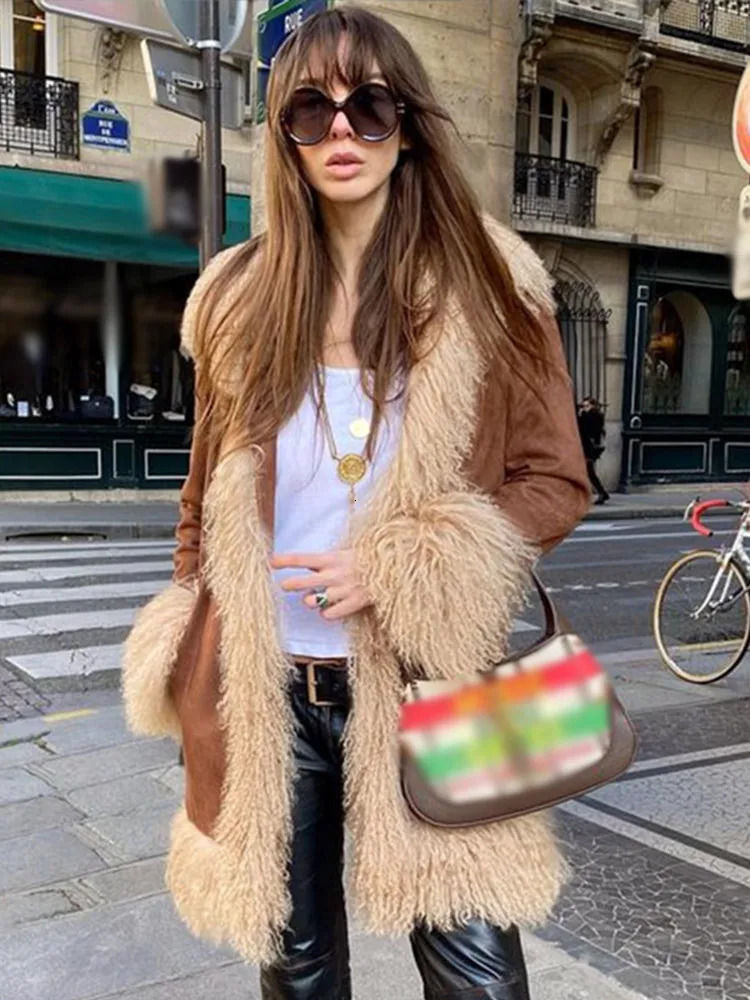Artificial fur patch work thick coat womens lapel fur loose long sleeved warm coat winter casual pocket coat 241107