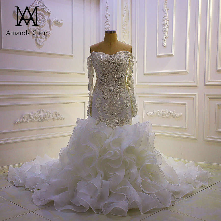 African Morden Off Shoulder Long Sleeve beading Mermaid Wedding Dress