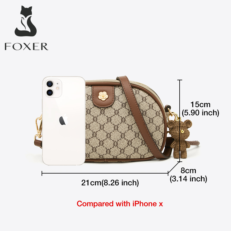 FOXER Monogram Prints Women's Gift Messenger Bag PVC Round Shoulder Bag Female Fashion PU Leather Tow-tier Zipper Crossbody Bags