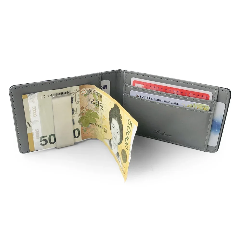 Hot Sale Fashion Solid Men's Thin Bifold Money Clip Leather Wallet with A Metal Clamp Female ID Credit Card Purse Cash Holder