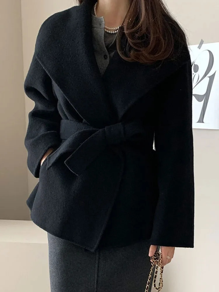 Big Turn-down Collar Long Sleeve Double-faced Cashmere Coat Lace-up Chic Women Winter Woolen Coats Autumn 16O2400 241107