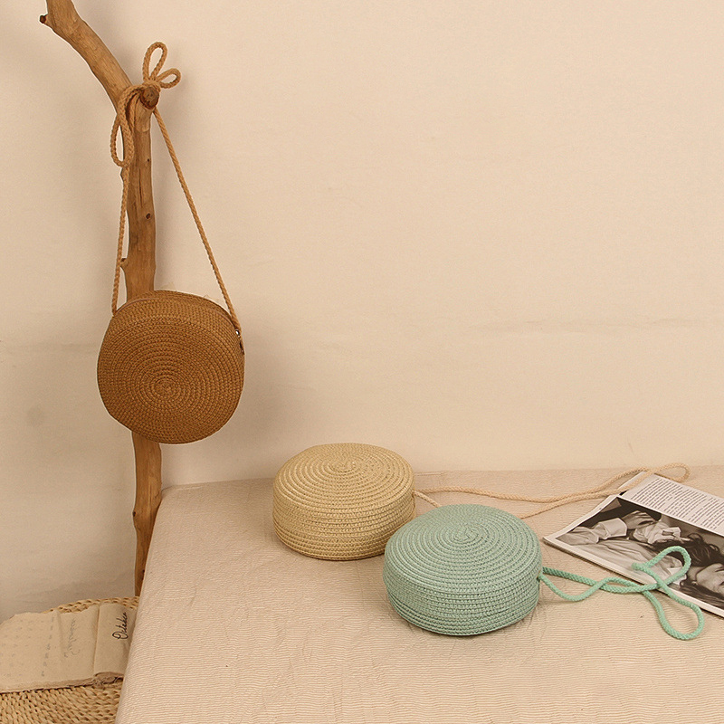 Round Straw Bag Women Woven Beach Crossbody Bag for Ladies Cute Shoulder Rattan Handmade Knitted Candy Color Small Handbag