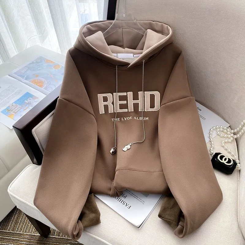 New autumn and winter women's velvet thick texture hooded sweatshirt embroidered with European style and high-end fashion trend designer trendy T