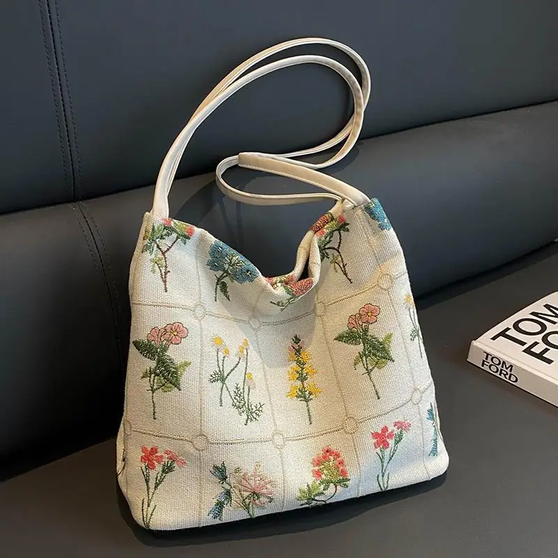 Large-capacity Embroidered Tote Bag Women Summer Trendy Cloth Bag Niche Embroidery Shoulder Bag Texture Bucket Bags Canvas Bags