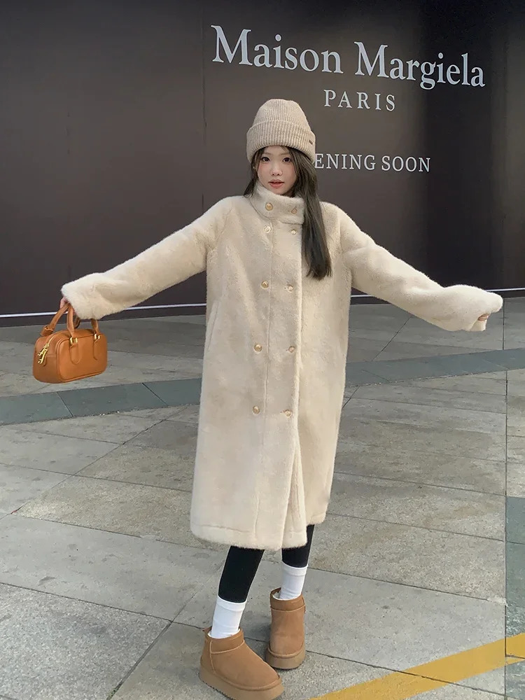 Mink coat womens plush fluffy warm double chest stand up collar long coat thick womens winter fashion coat 241107