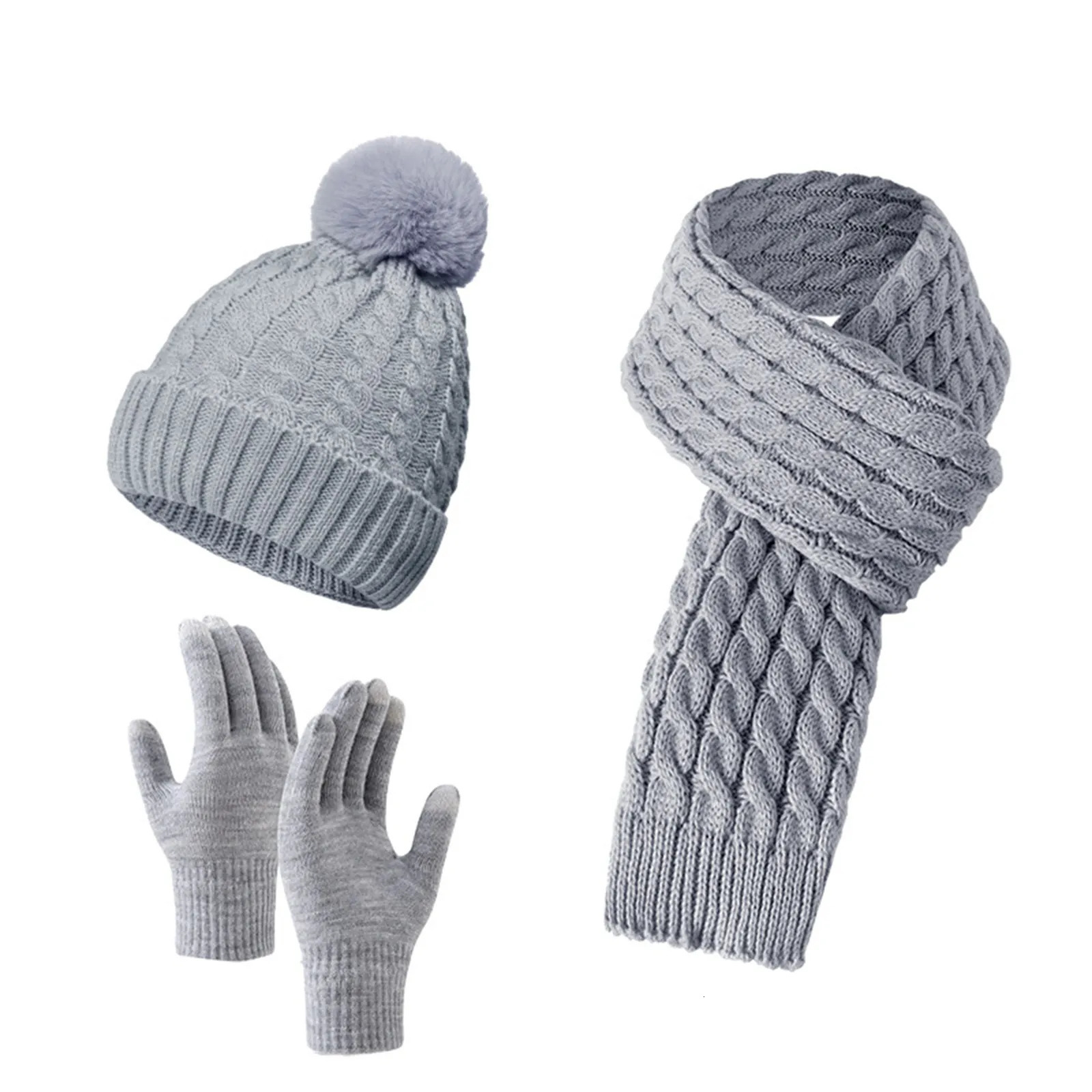 Womens Winter Hat Scarf Glove Set Wool Lined Knitted Hat Warm Long Scarf Winter 3-Piece Glove Set 241107