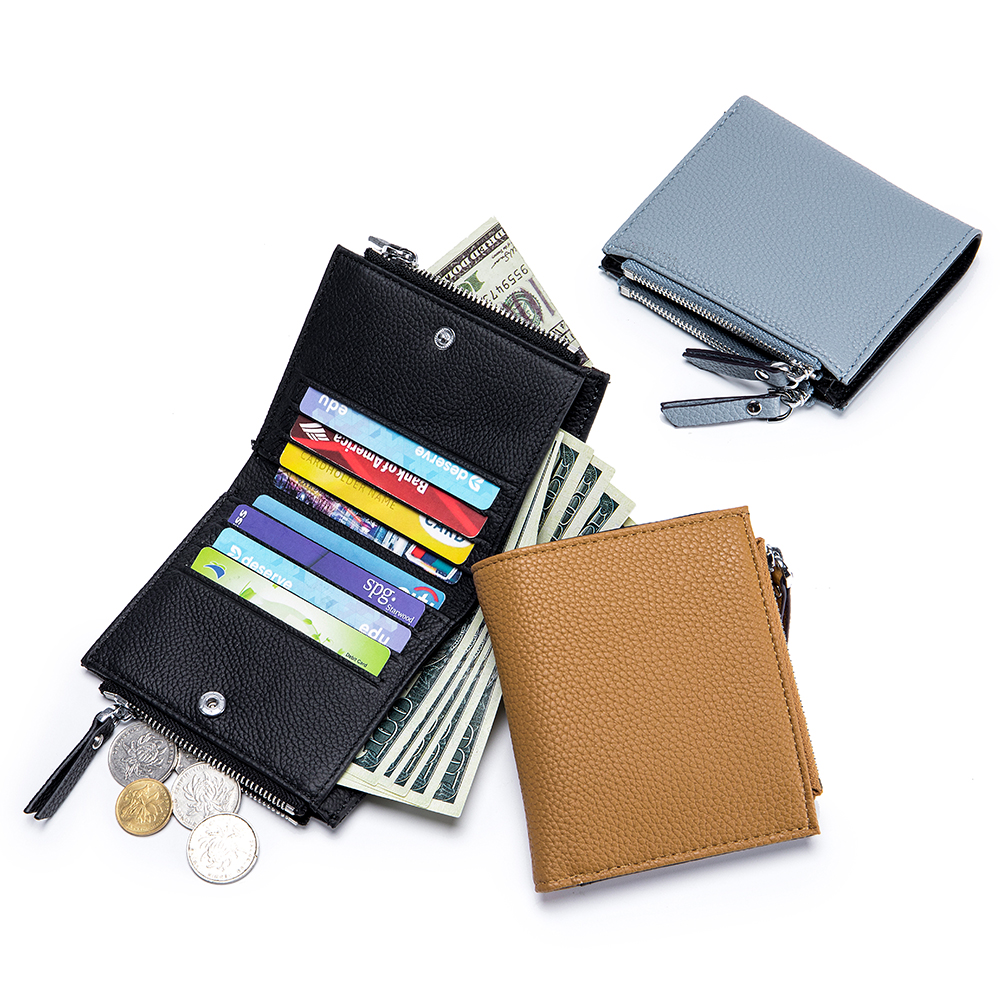 Genuine Cow Leather Double Zipper Pockets Ladies Short Wallet Quality Hasp Purse ID Card Holders Bill Cash Wallet Purse
