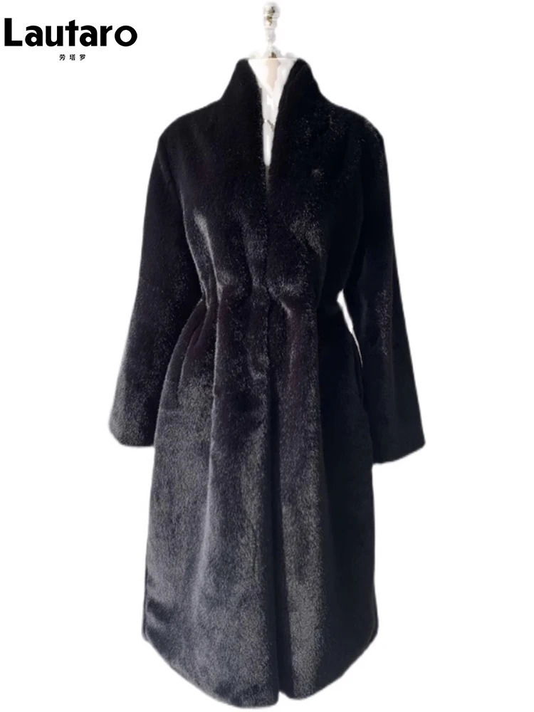 Lautaro Winter Long Black Elegant Fashion Thick Fluffy Hair Soft Artificial Mink Coat Womens Stand up Collar Belt 241107