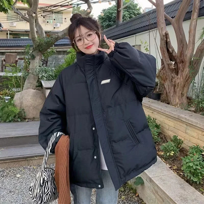 Winter Down Cotton Jacket Womens Solid Loose Apron Jacket Puffer Parkas Casual Womens Black Zipper Thickened Warm Jacket 241107