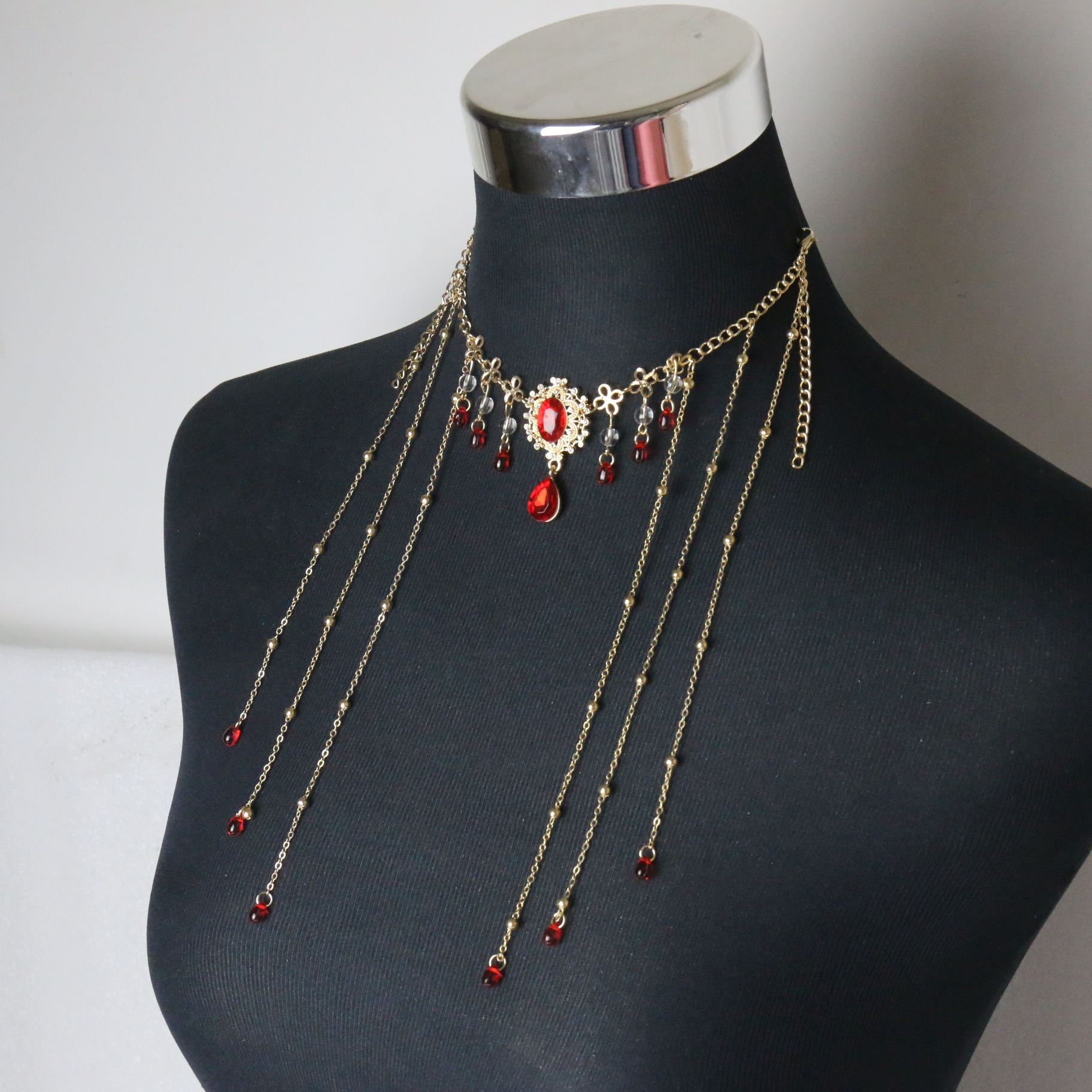 Exotic Style Ancient Style Hanfu Ruby Necklace Dance Retro Flower Red Water Droplet Pendant Sexy Tassel Necklace