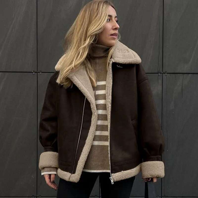 Talenza Brown Retro Thick Women's Casual Lapel Long Sleeve Button Suede Autumn Winter Female Street Warm Jacket