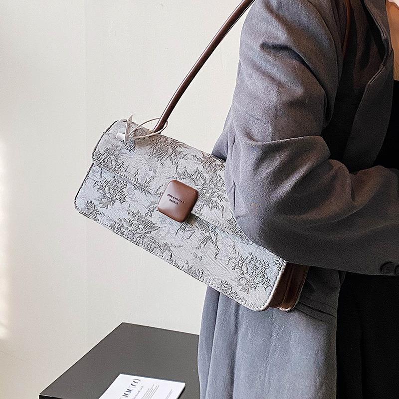 Square Printed Large Capacity Fashionable Canvas Stick Bag, Autumn and Winter Niche Retro One Shoulder Underarm Bag,