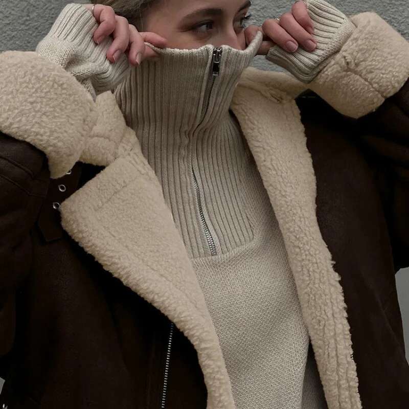 Talenza Brown Retro Thick Women's Casual Lapel Long Sleeve Button Suede Autumn Winter Female Street Warm Jacket